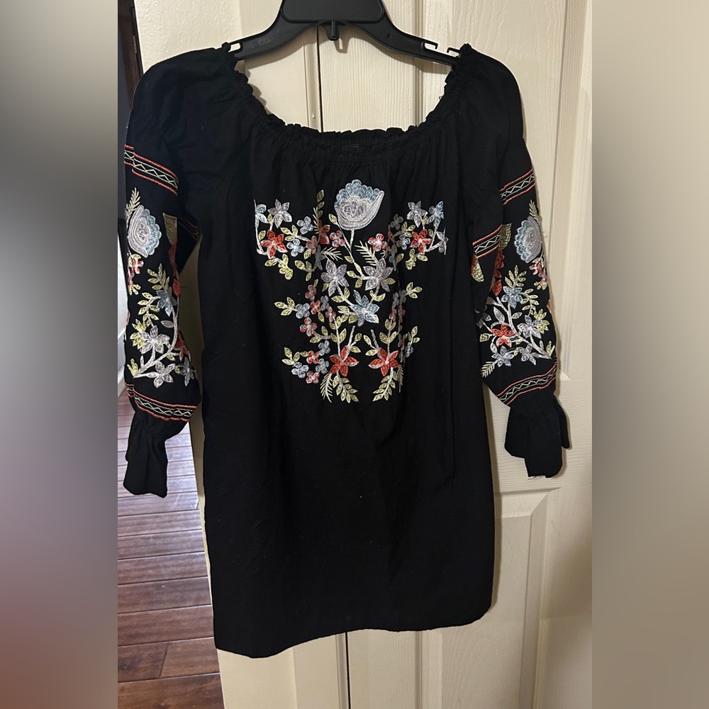 Free People Black Dress with Colorful Floral Embroidery